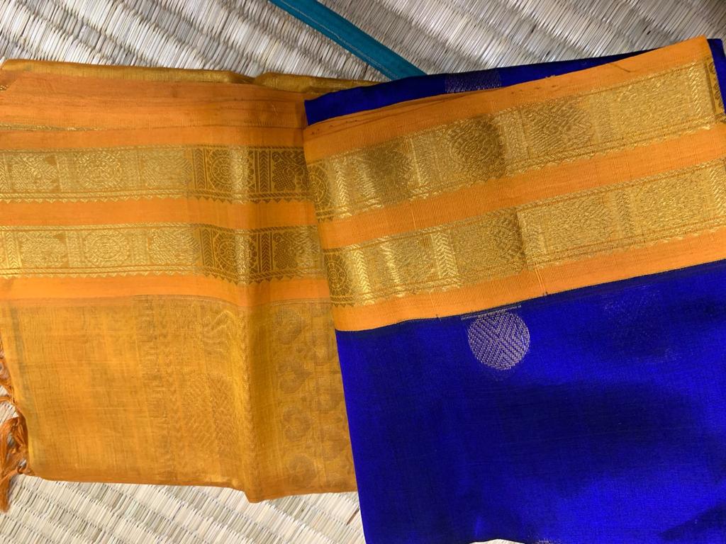 Korvai handloom silk cotton Saree korvai border in yellow with purple border