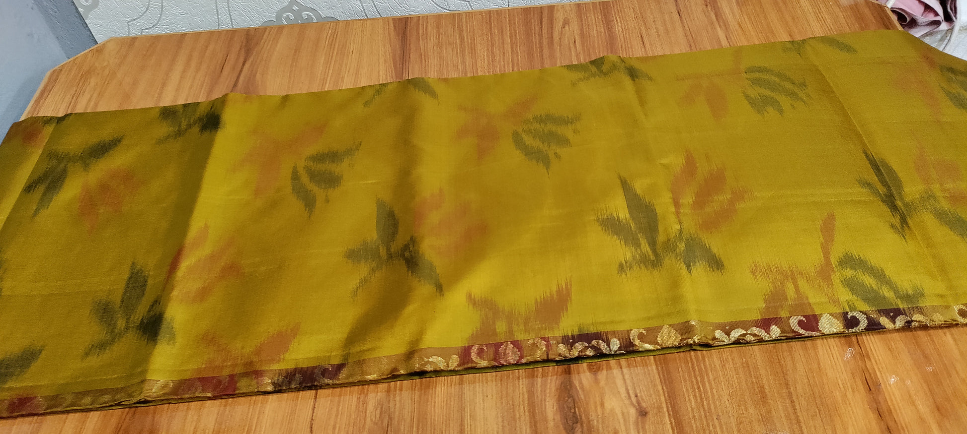 kanjivaram silk saree with double warp in borderless ikkat silk red with mustard yellow border