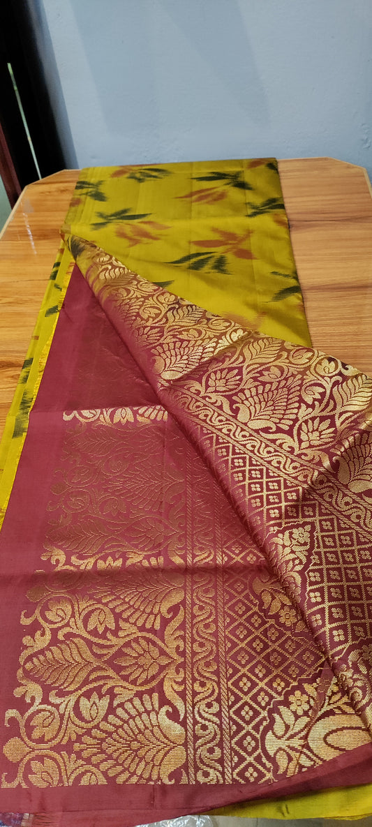 kanjivaram silk saree with double warp in borderless ikkat silk red with mustard yellow border