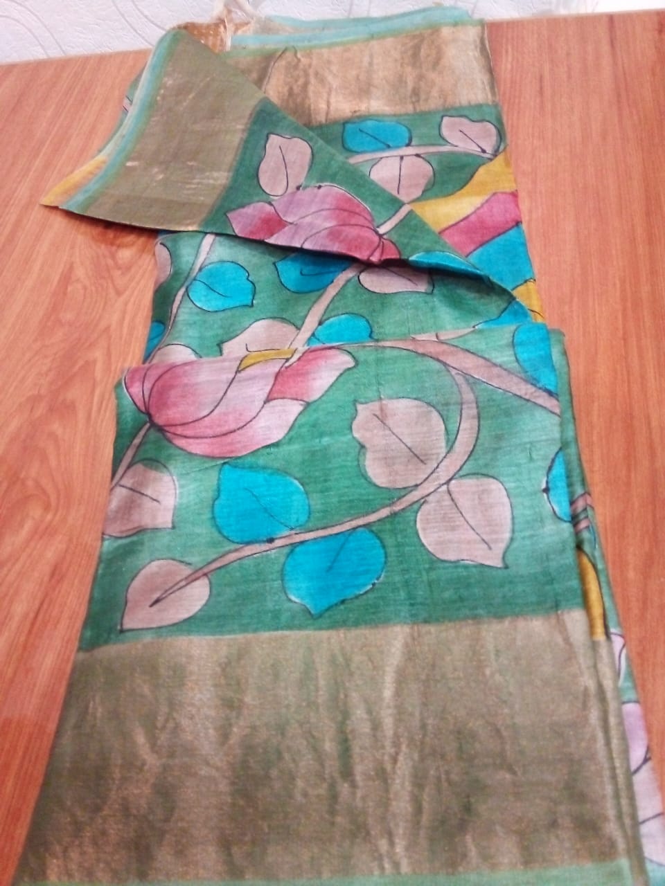 Tussar silk Hand painted Kalamkari using natural pastal colors with flowers in green theme story