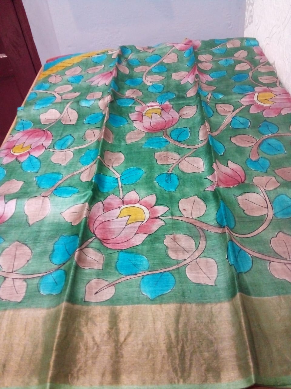 Tussar silk Hand painted Kalamkari using natural pastal colors with flowers in green theme story