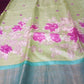 Zari Tussar Cutwork saree with Mirror work in olive green color