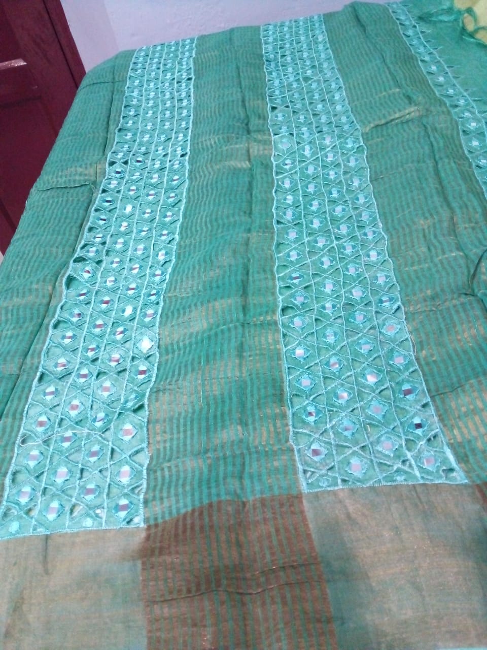 Zari Tussar Cutwork saree with Mirror work in olive green color