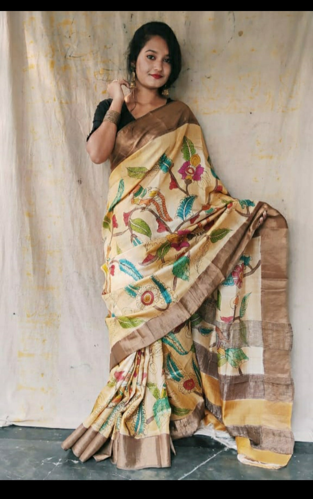 Hand painted Pen Kalamkari pure tussar Saree in Milky cream color