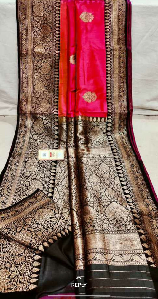 Deep pink with black katan Banarasi kadva butta saree