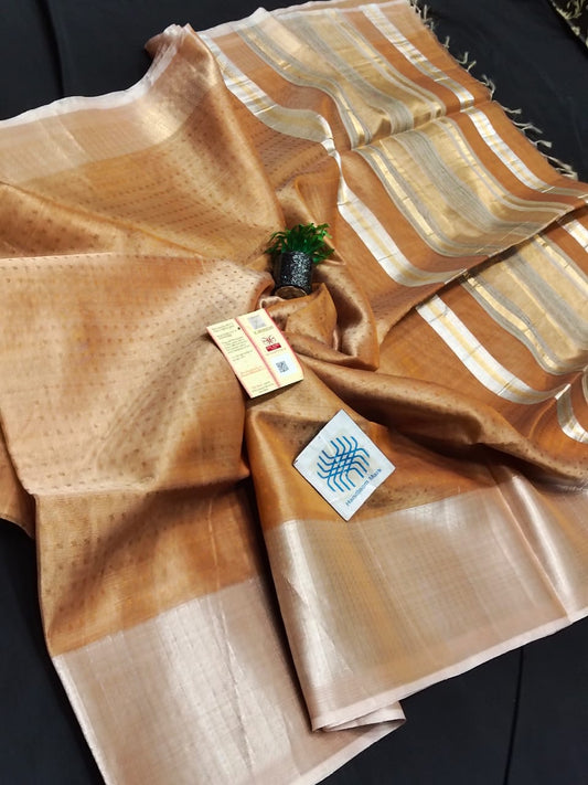 Pure tussar tissue silk beautiful color desgin saree With blouse in Golden Color