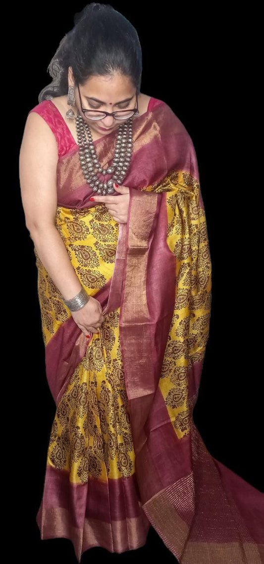 Pure silk zari tussar Saree ajrak block printed in simple elegant design in yellow with Maroon