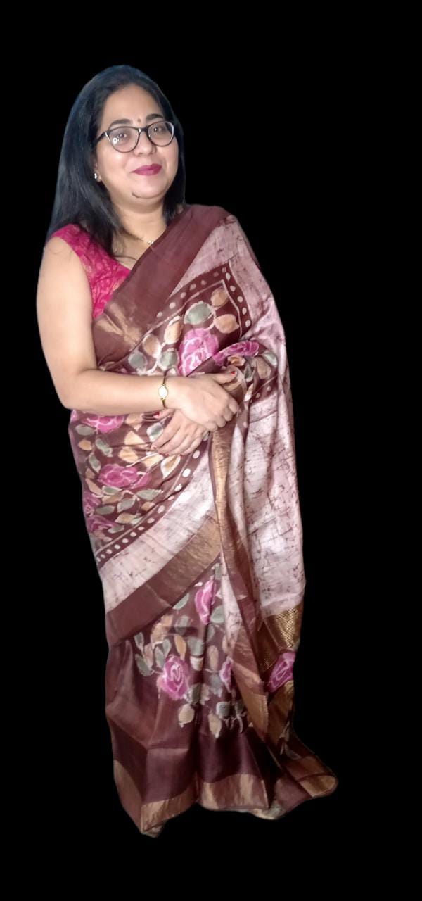 Pure tussar zari Saree batik wax printed in full body and hand painted saree in wine color border