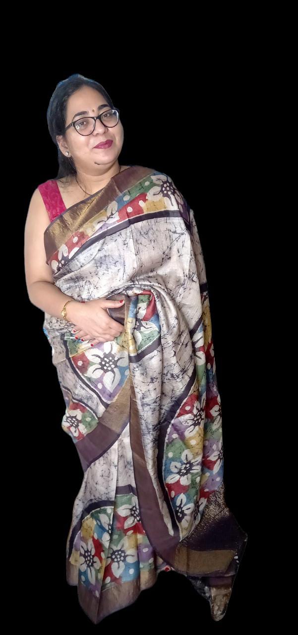 Pure tussar zari Saree batik wax printed in full body and hand painted saree