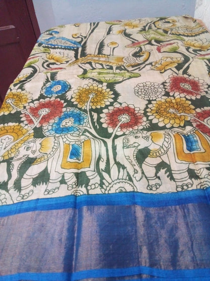 tussar Saree cream color with elephants and flowers concept