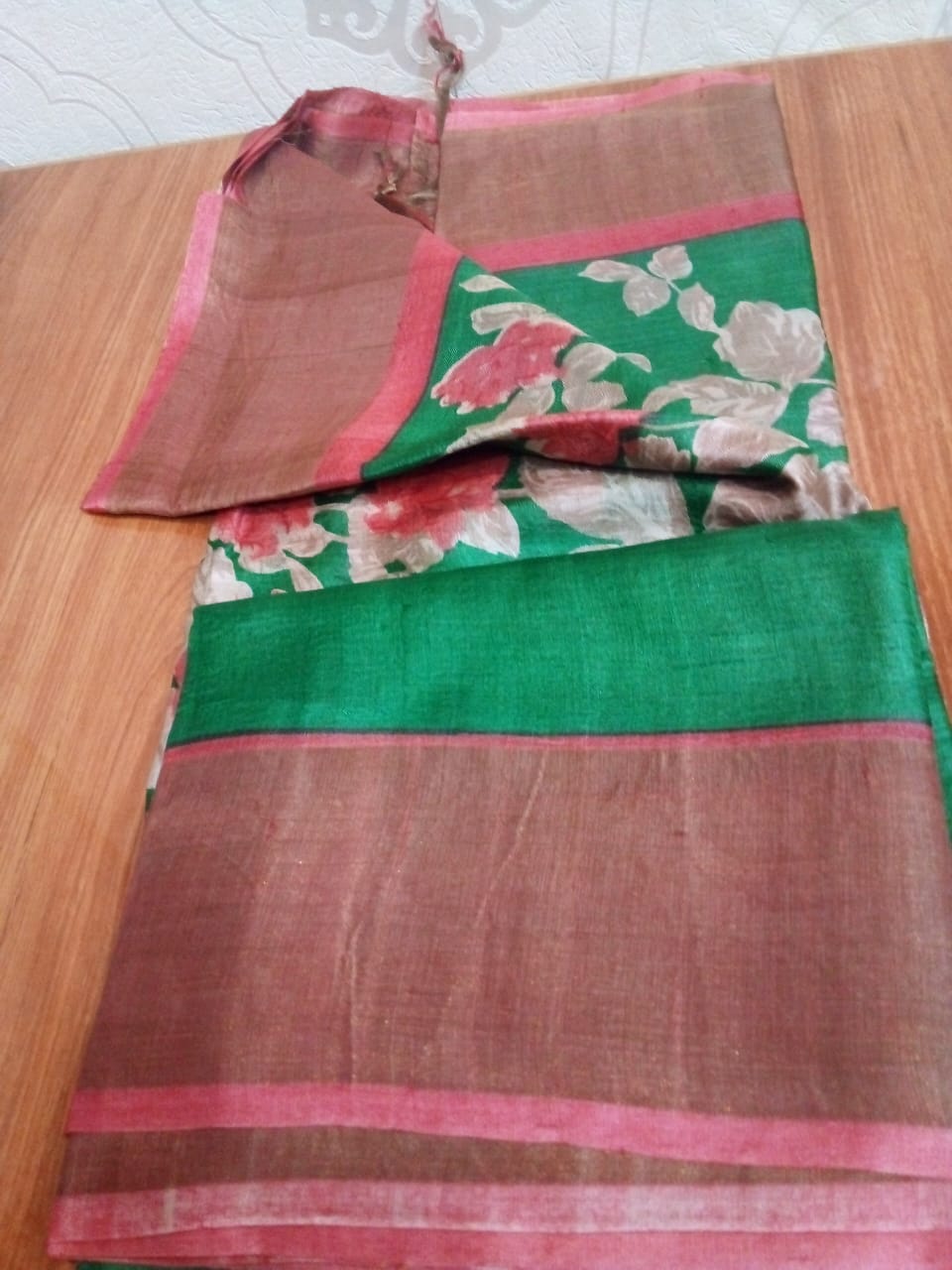 Zari Tussar Saree kalamkari printed in full body in green with digital print