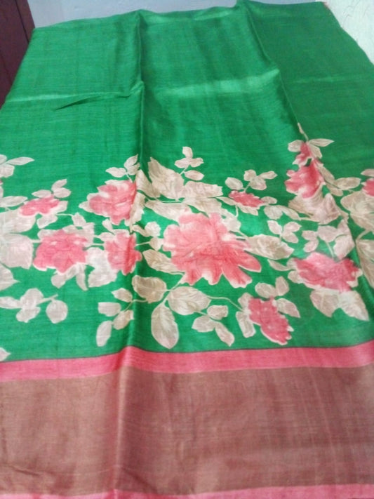 Zari Tussar Saree kalamkari printed in full body in green with digital print