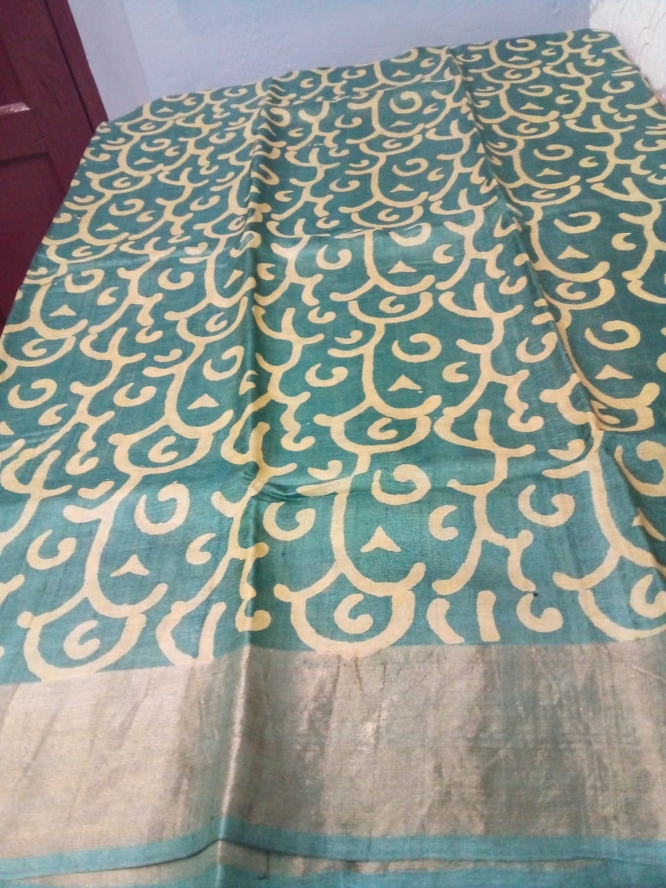 Pure zari tussar Saree hand printed saree in olive green