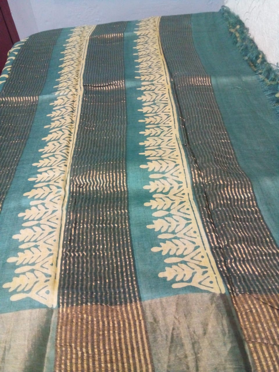 Pure zari tussar Saree hand printed saree in olive green