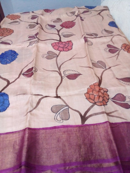 Hand painted pen Kalamkari saree in Pure tussar Saree cream with pink border and painted flowers with leaves