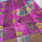 Pen Kalamkari in Pure Zari Tussar Saree Cream with Gray border peacock with flowers story pink achal