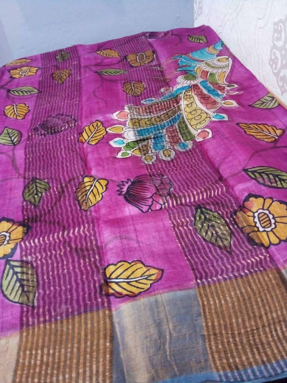 Pen Kalamkari in Pure Zari Tussar Saree Cream with Gray border peacock with flowers story pink achal