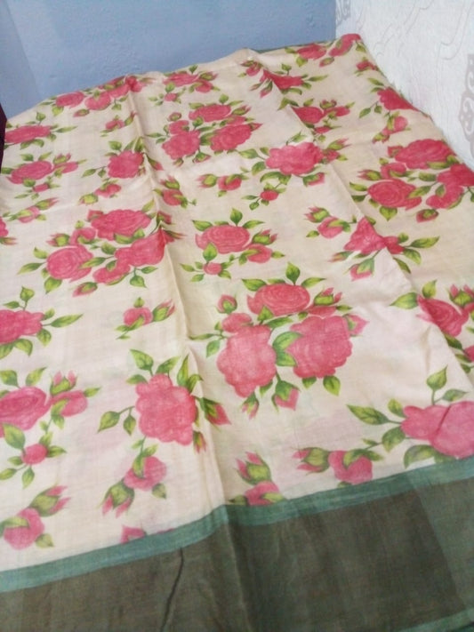 Digital printed pure tussar zari Saree in cream with peach flowers in olive green border