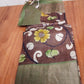 Hand painted Pen Kalamkari in Pure Zari Tussar Saree Brown with Green border with flowers story