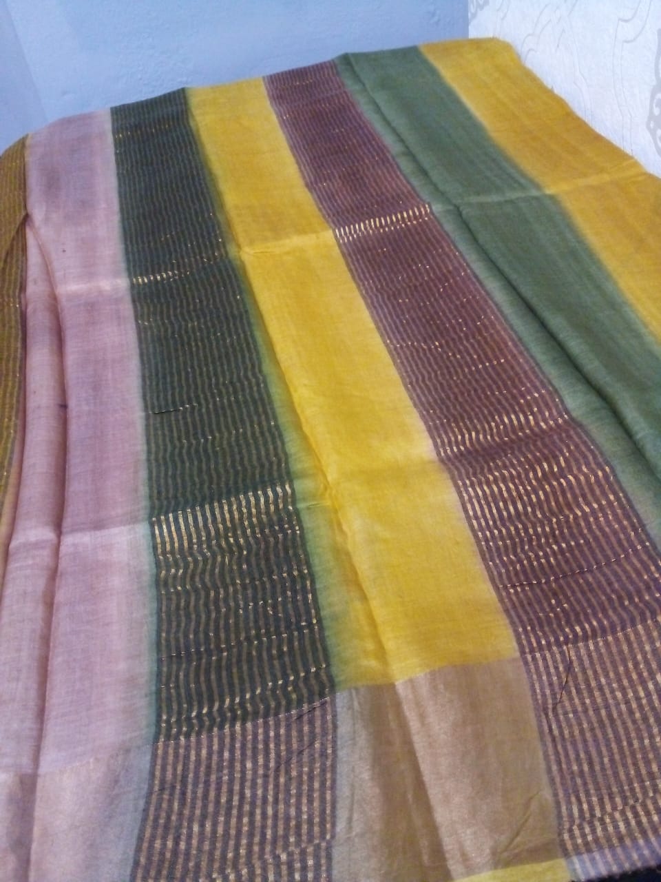 Pen Kalamkari in Pure Zari Tussar Saree Brown with Green border with flowers story achal