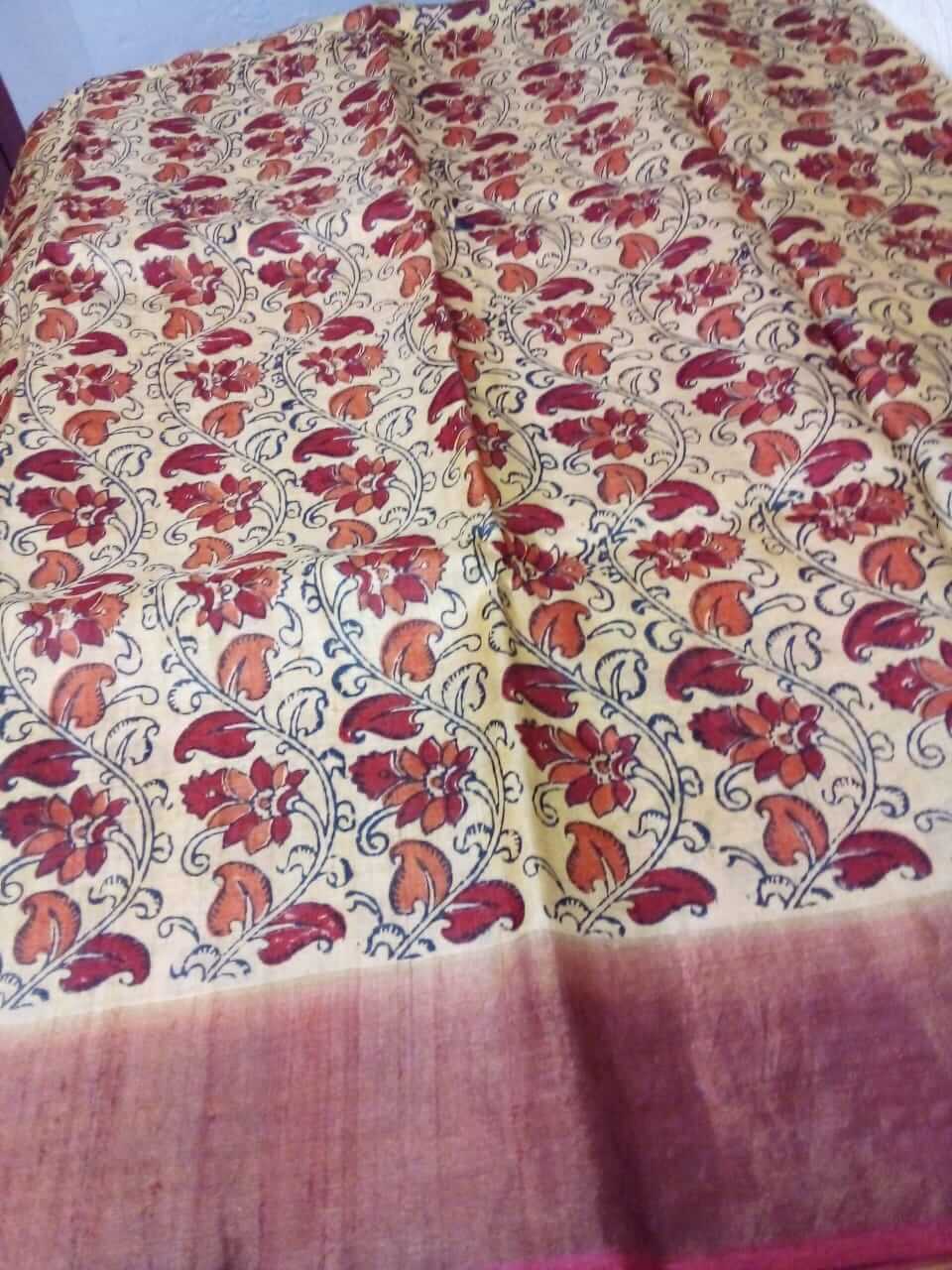 Ajrakh printed pure tussar zari Saree flowers in full body in cream with red body