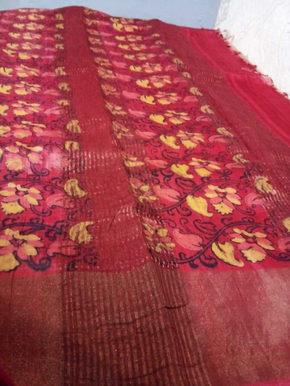 Ajrakh printed pure tussar zari Saree flowers in full body in pallu