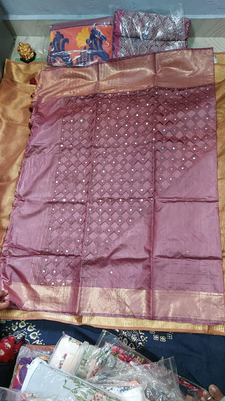 Moonga Tussar Cutwork saree with Mirror work in Maroon color