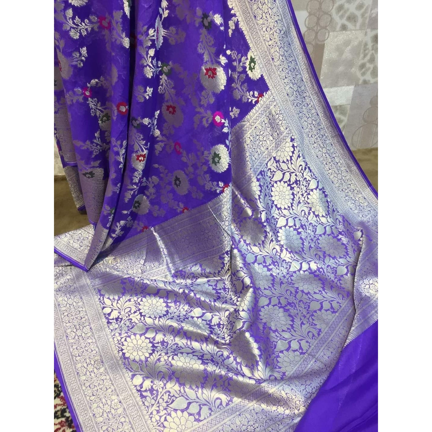 Handwoven khaddi Pure Banarasi Georget chiffon Flowers meenakari work 