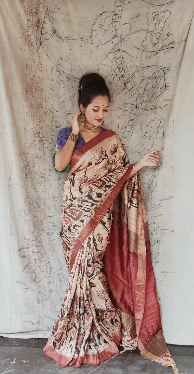 Handpainted Kalamkari Mangalgiri Silk Saree | Organic Dyes | PKMS 13 –  Panjavarnam