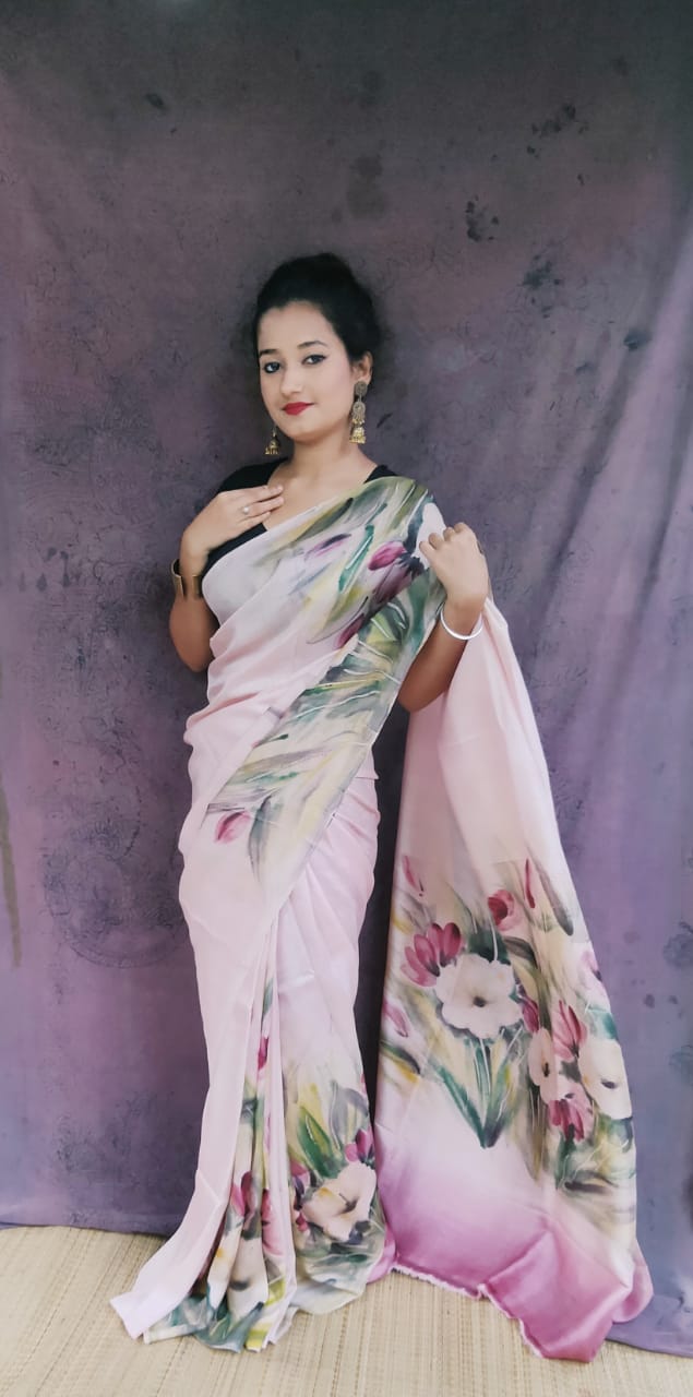 Hand painted Water colored hand painted pure silk Saree in pink